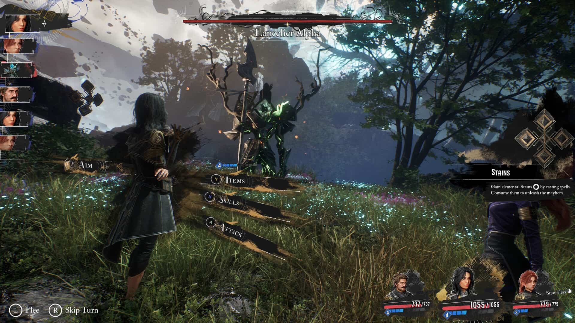 Turn-based combat scene in Clair Obscur Expedition 33 showing fight against Lancelier Alpha boss