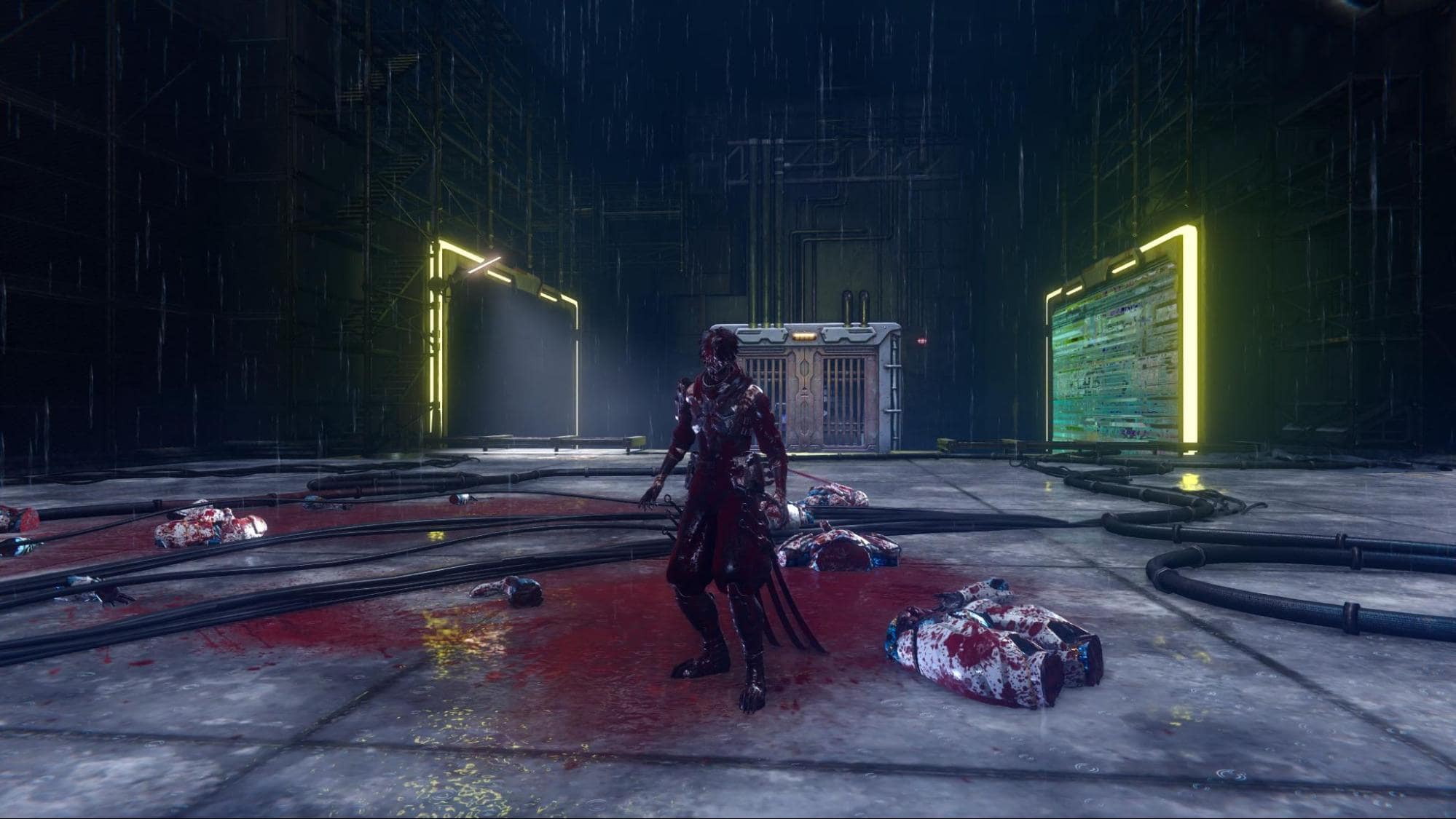 Yakumo stands on a blood-soaked floor after a brutal battle in Ninja Gaiden 4’s neon-lit arena