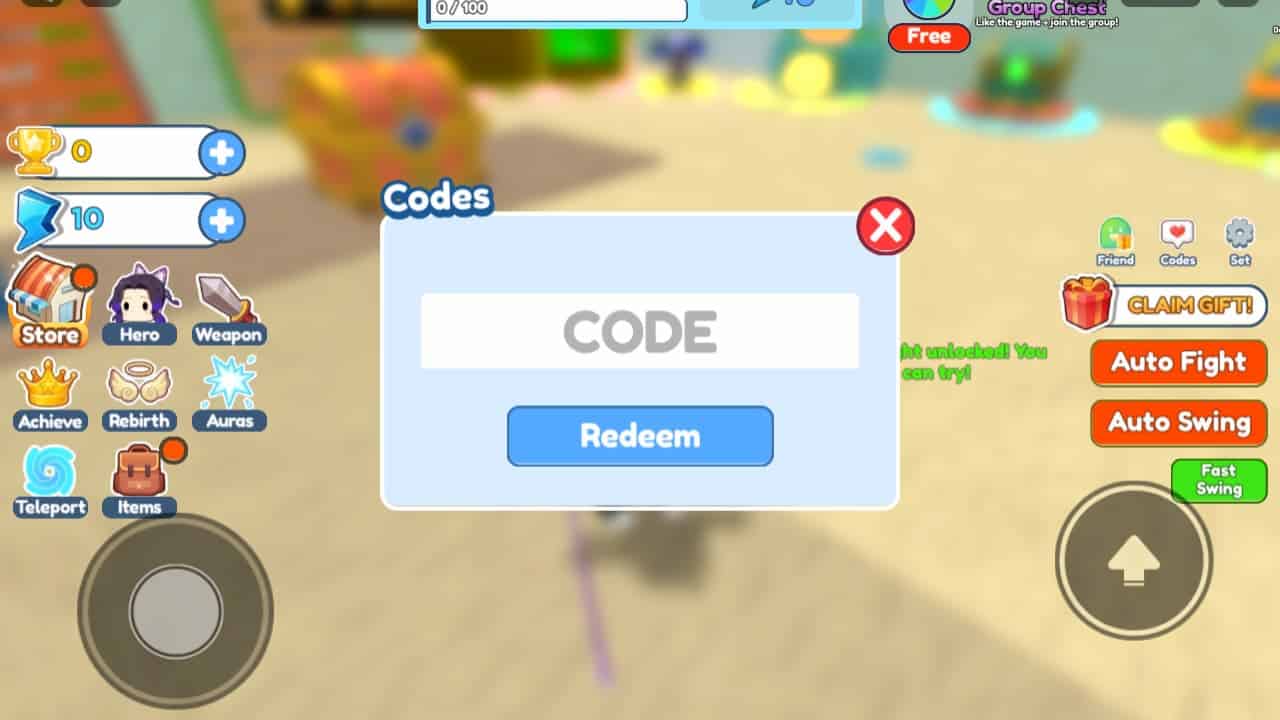Clicker Fighting Simulator codes: code redemption screen