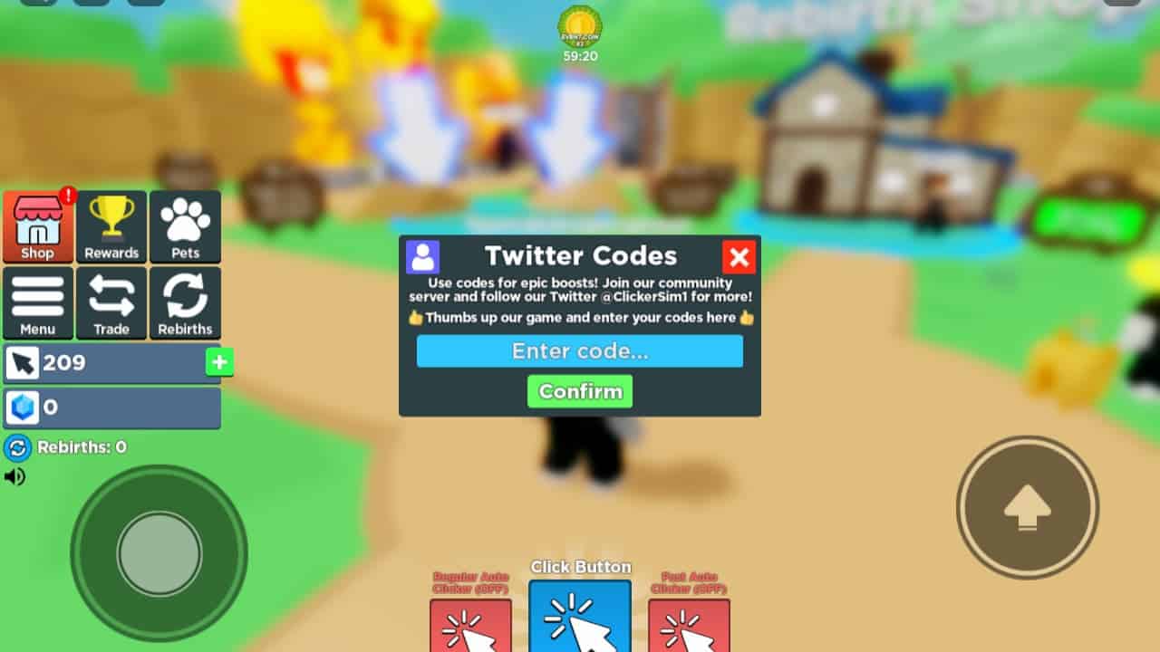 Clicker Simulator codes: Code redemption screen
