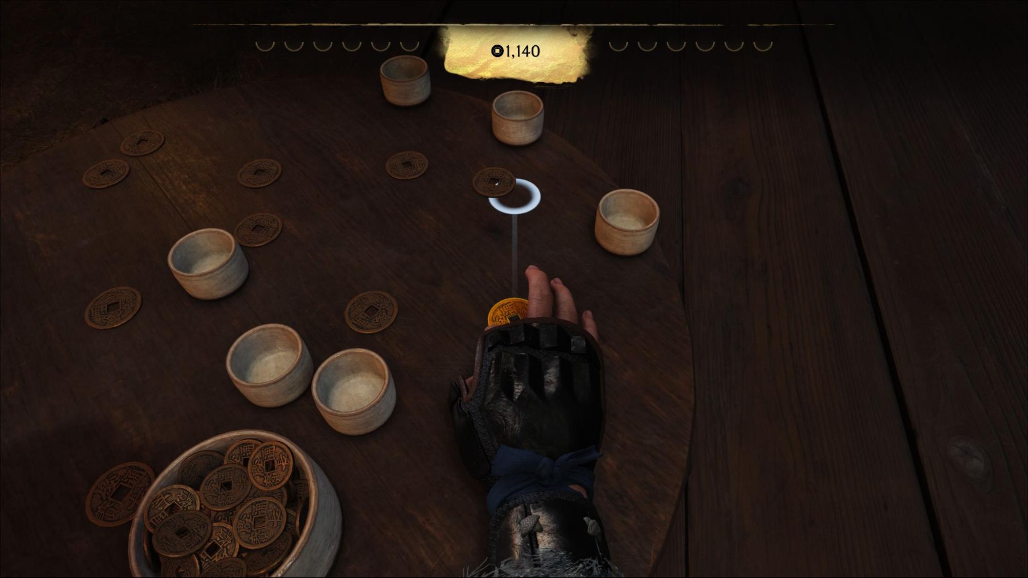 Player aims a coin flick during the Zeni Hajiki mini-game in Ghost of Yotei