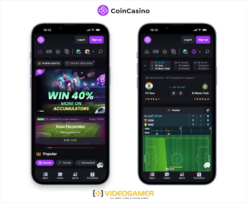 screenshot of the CoinCasino crypto sports betting site app