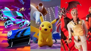 Comp showing Rocket League, Pokemon Unite, and Fortnite