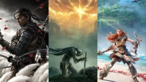 Collage showing Elden ring, Ghost of Tsushima, and Horizon Forbidden West on PS5