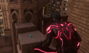 Spider-Man 2's Miles Morales in a red suit is standing on a rooftop at the location of the science trophy