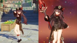 Screens of Hu Tao posing during her Idle and holding a weapon in the meanu for Hu Tao best build guide Genshin Impact