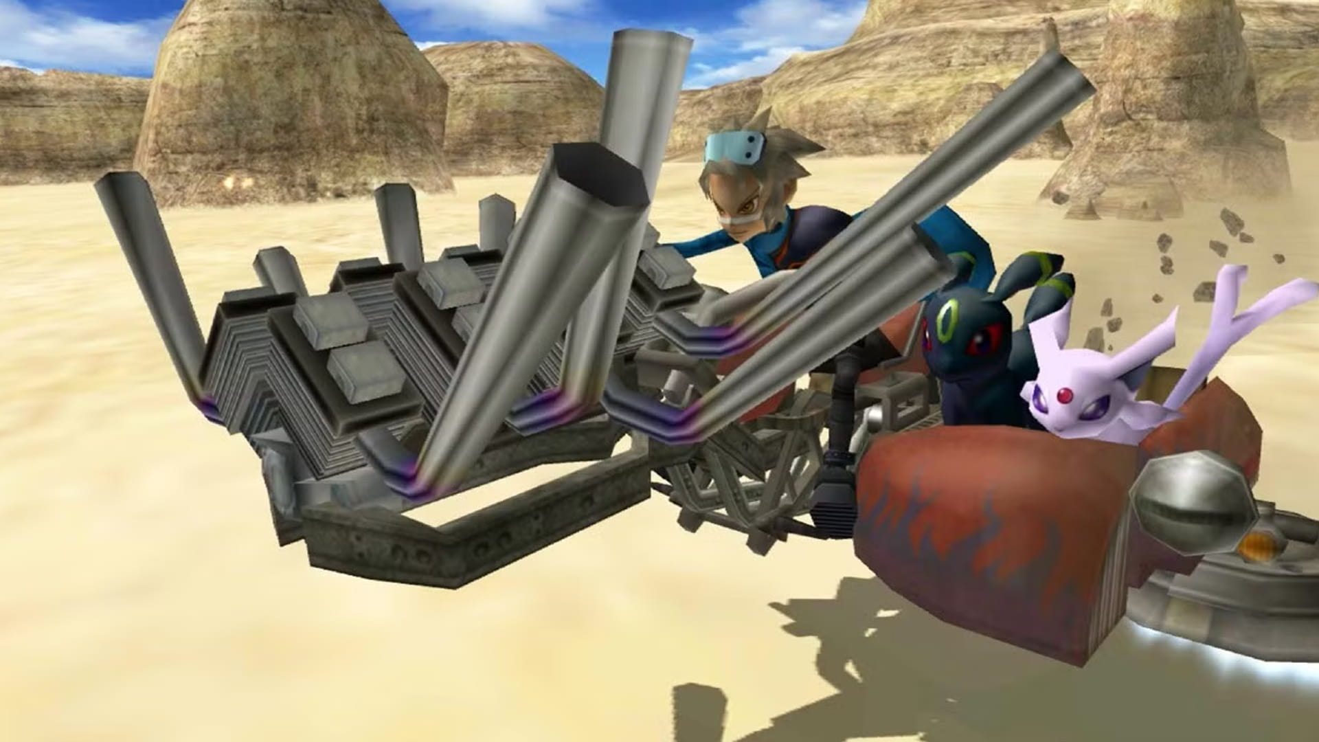 Protagonist riding a hover bike with Espeon and Umbreon in Pokémon Colosseum