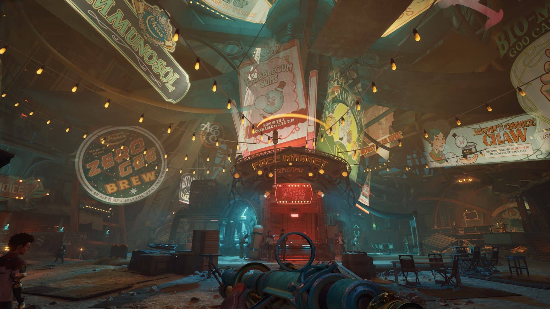 Neon-lit marketplace filled with corporate ads and signs in The Outer Worlds 2