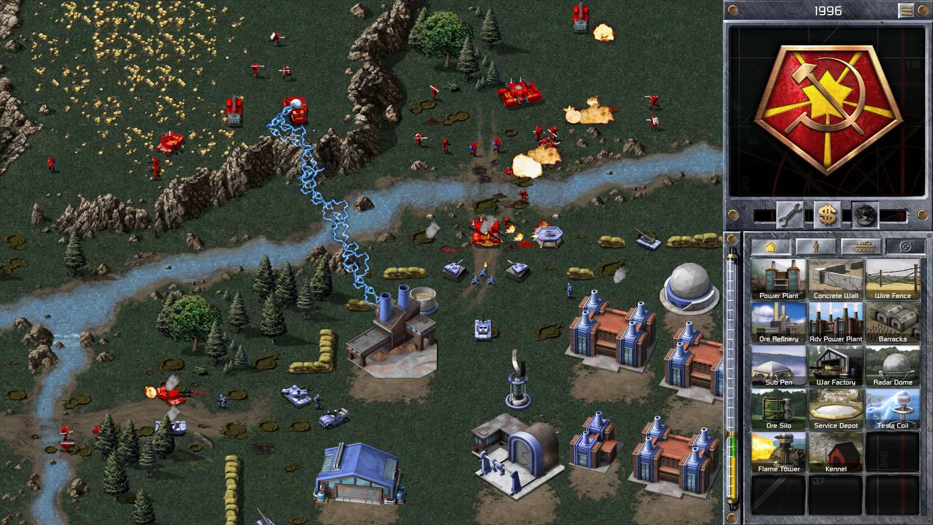 An aerial view of Command and Conquer: Remastered. It shows explosions, tanks, and troops crossing a river