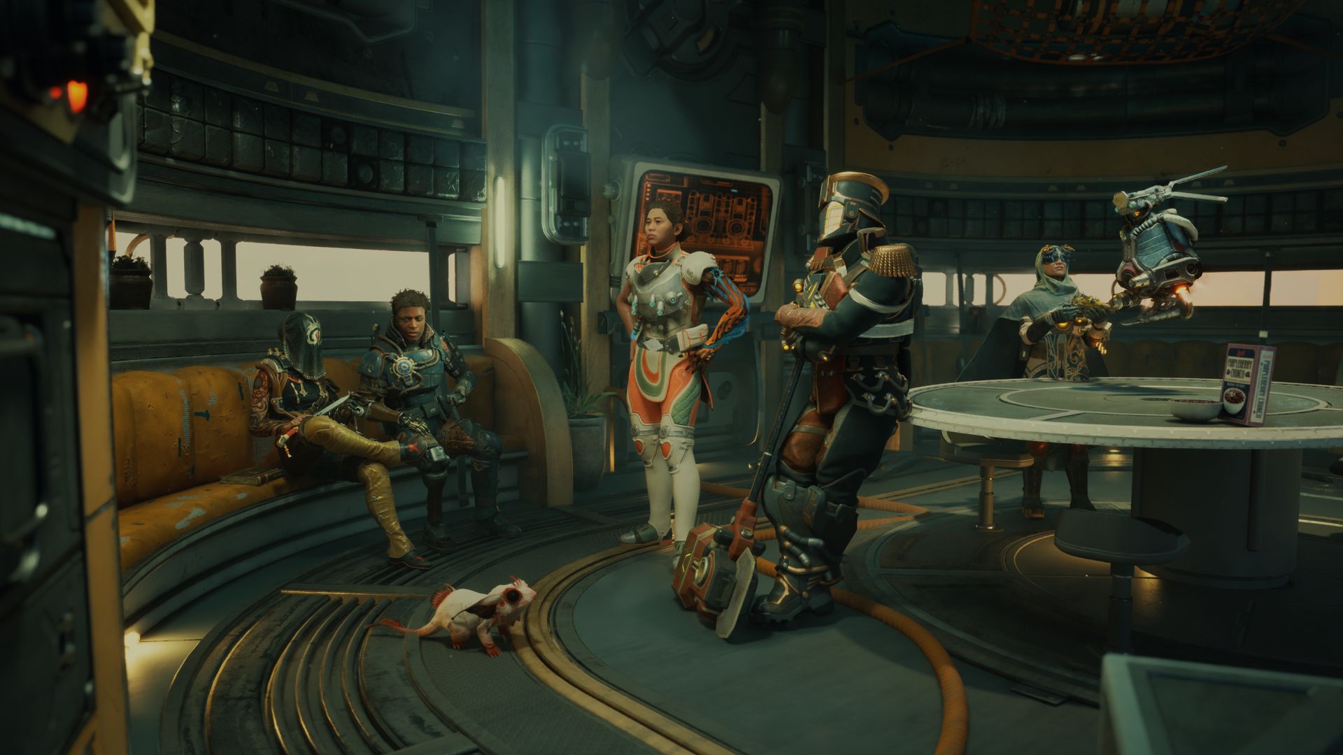 Crew members gathered inside a spaceship discussing plans in The Outer Worlds 2