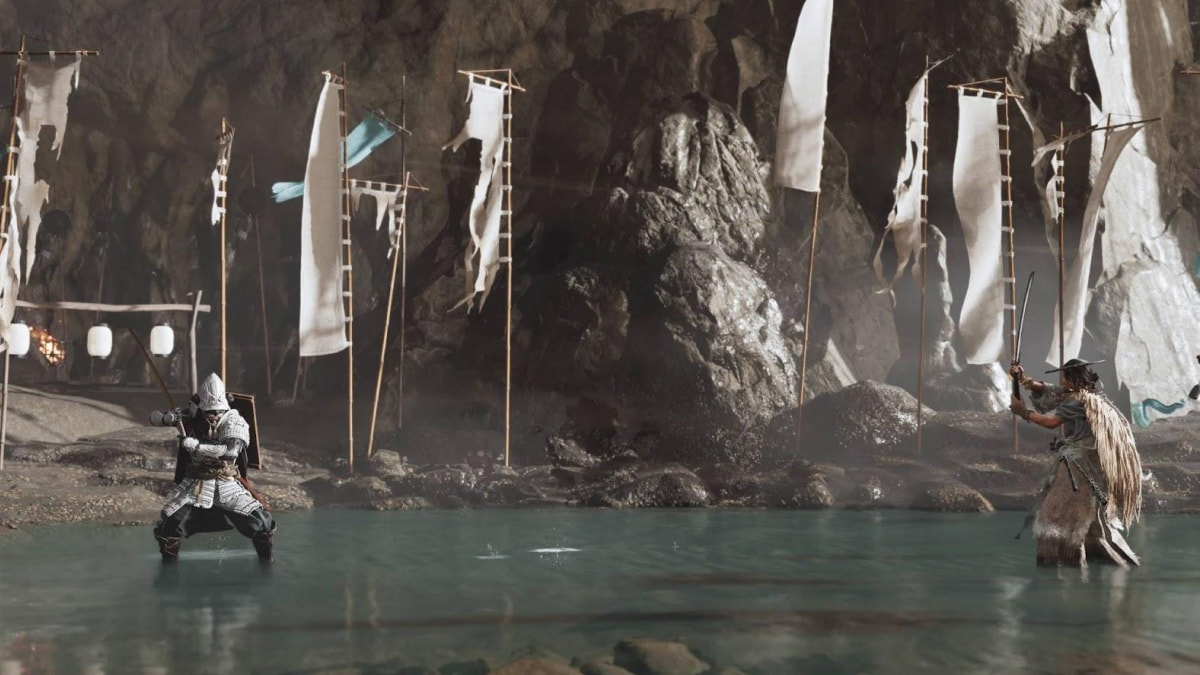 Two samurai face off in a shallow, misty cave pool, surrounded by tall, tattered banners in Ghost of Yotei The Undying Samurai