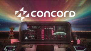 A futuristic control panel displays various graphs and maps, with the word "Concord" prominently shown above it against a colorful background. Beside the high-tech display, a small figurine is thoughtfully placed on the left side of the panel.