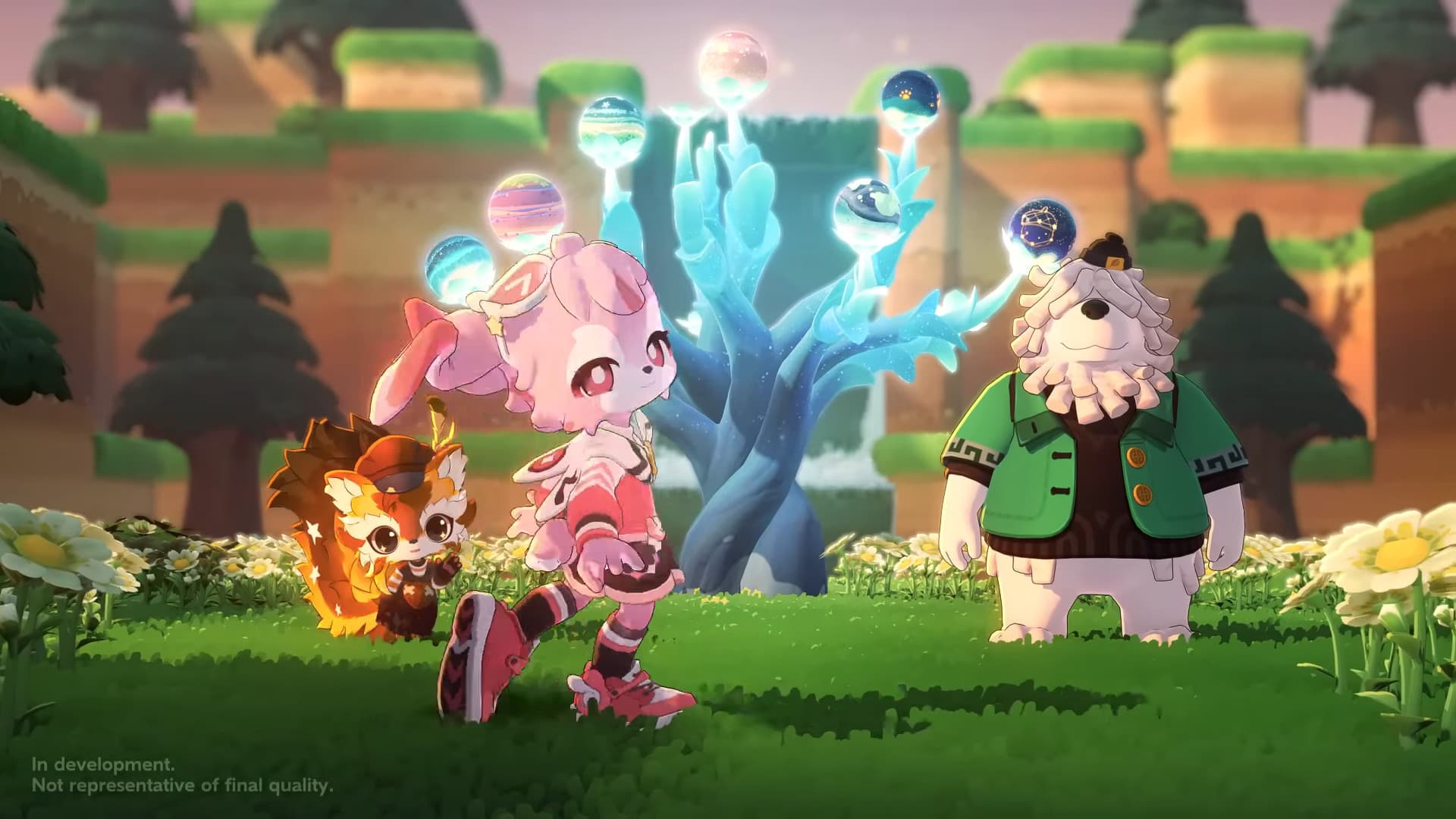 Pink-haired character and animal friends standing by a glowing tree with floating planets