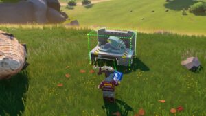 a lego player standing near a blue crafting bench in LEGO Fortnite