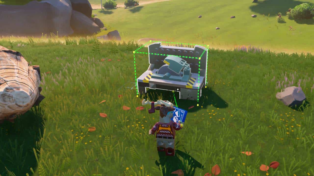 a lego player standing near a blue crafting bench in LEGO Fortnite