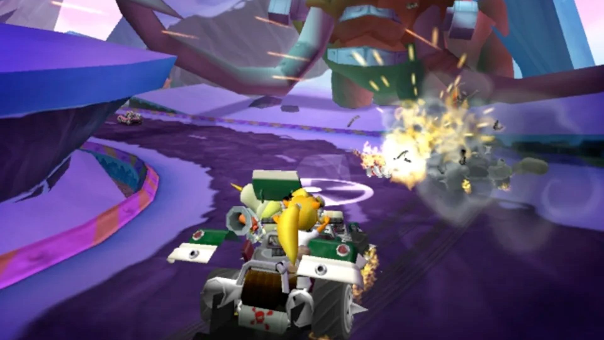 Explosive kart combat scene from Crash Tag Team Racing