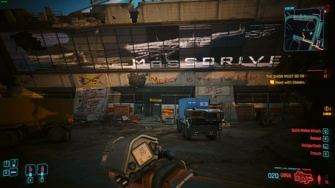 Cyberpunk 2077 Phantom Liberty Data Terminal locations: mercy is for the weak tagged on building.