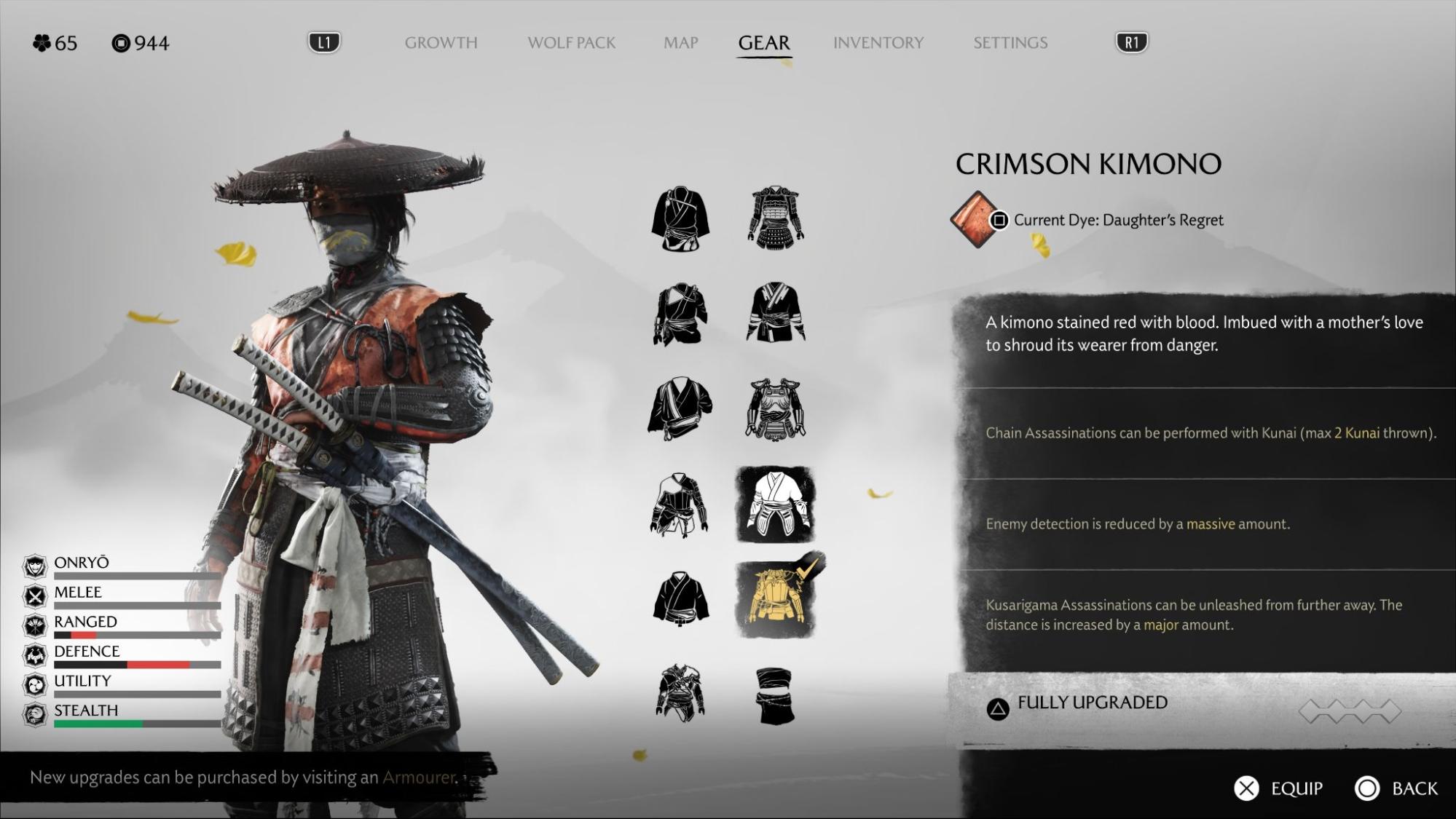 Fully upgraded Crimson Kimono armor enhancing stealth abilities in Ghost of Yotei