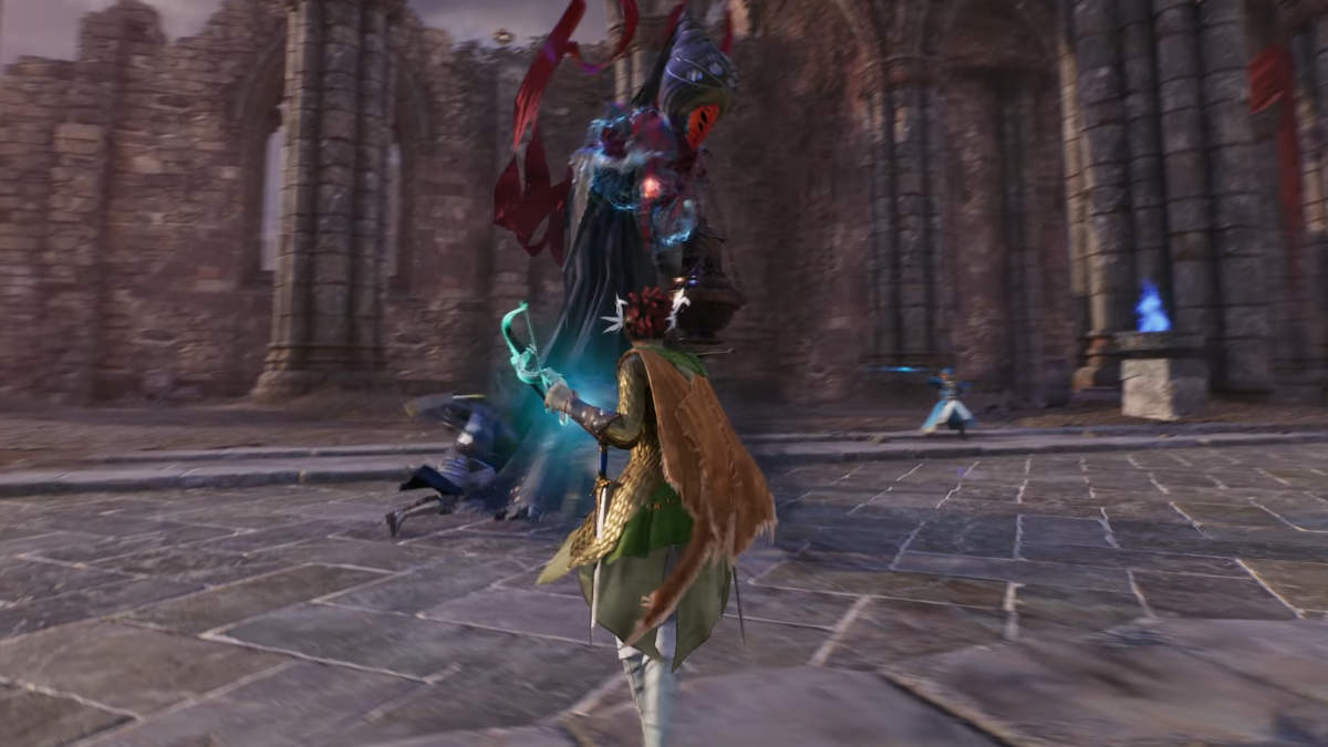 Crossbow-Throne-And-Liberty: picture of a ranger wielding double had crossbows against a boss from Throne and Liberty.