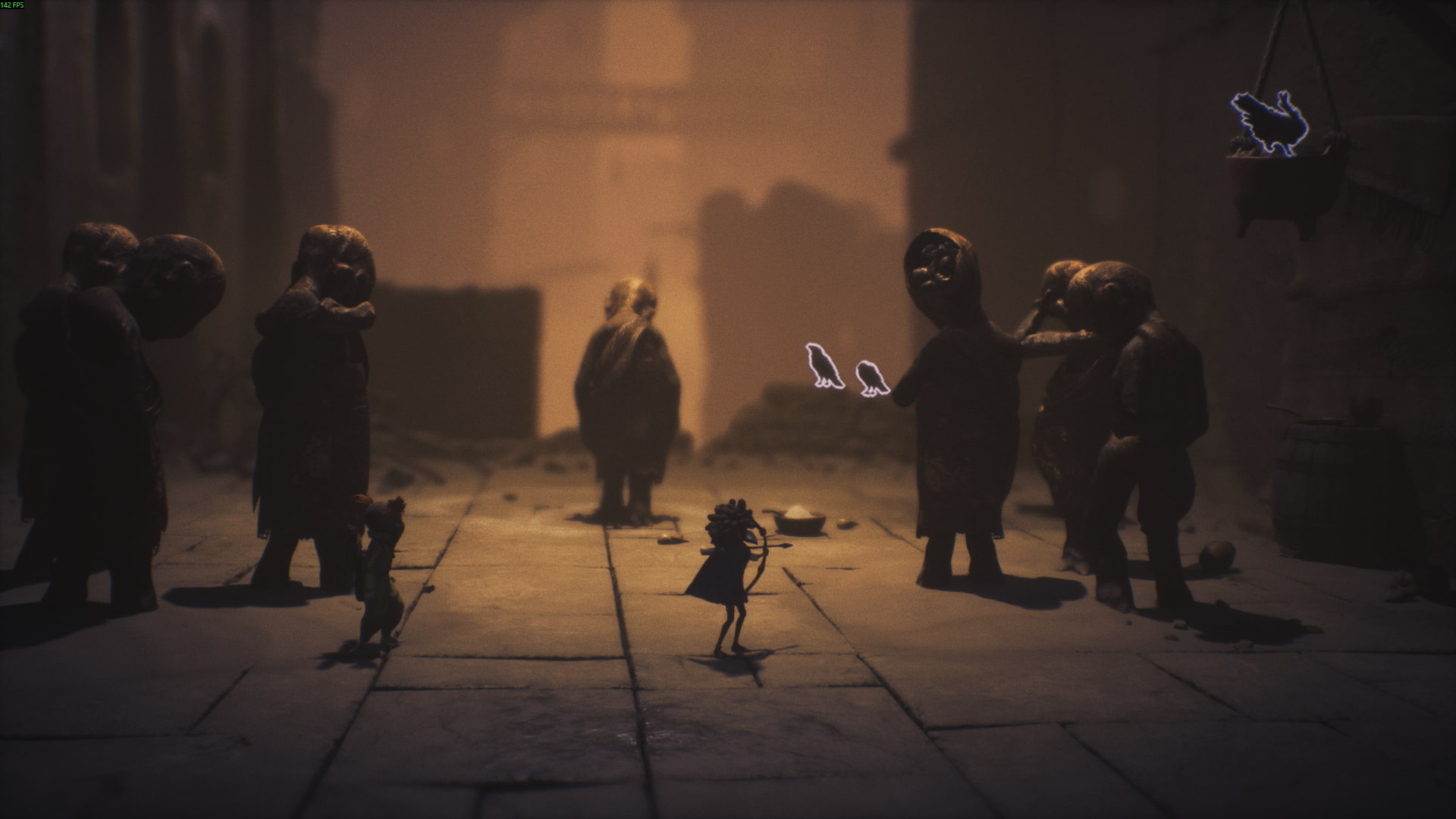 Low aims the bow at two glowing crows perched among statues in Little Nightmares 3 Chapter 1 Necropolis