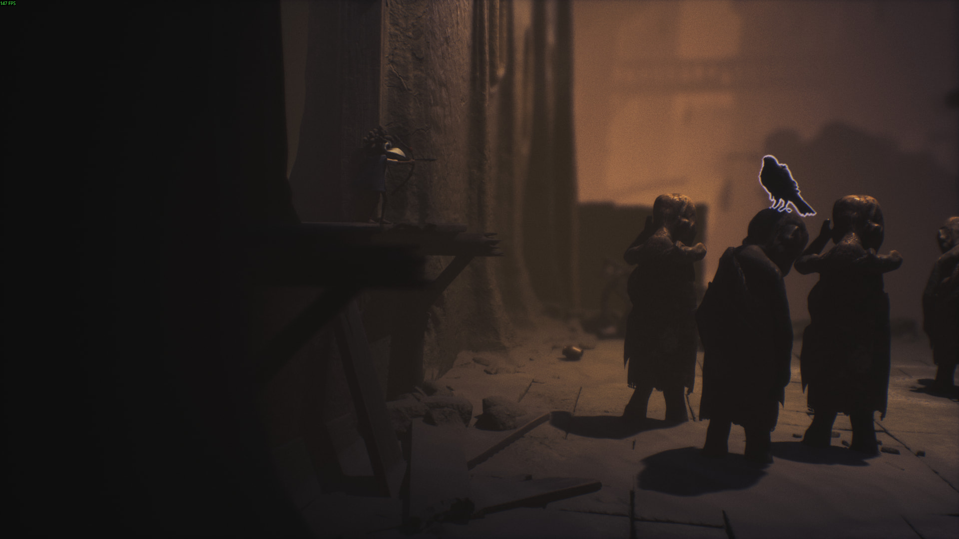 Low aims a bow at a glowing crow perched on a statue in the Necropolis of Little Nightmares 3