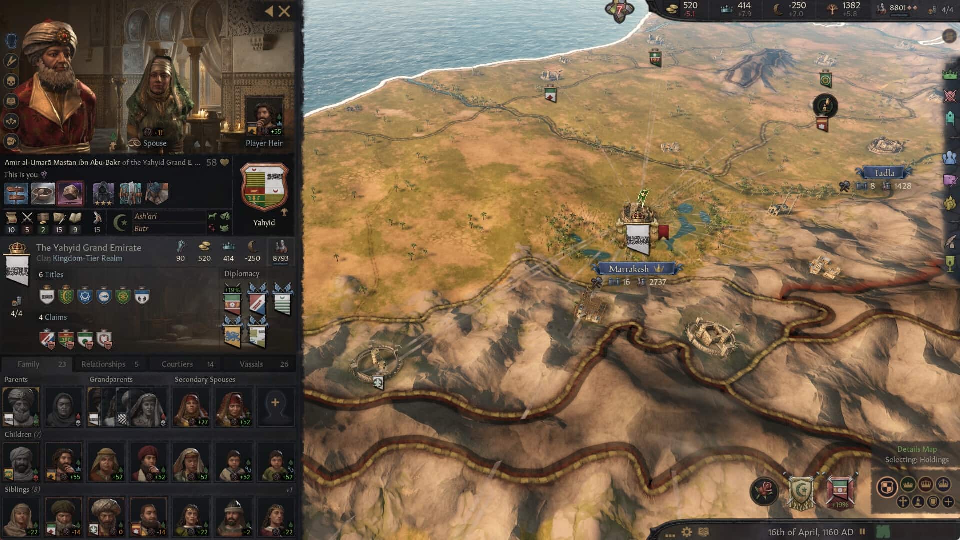 Screenshot from Crusader Kings III  showing a desert landscape with mountains and settlements