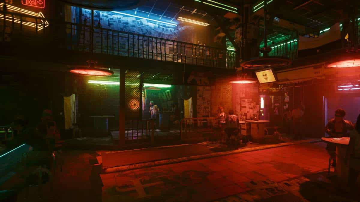 A neon lit bar in a video game.