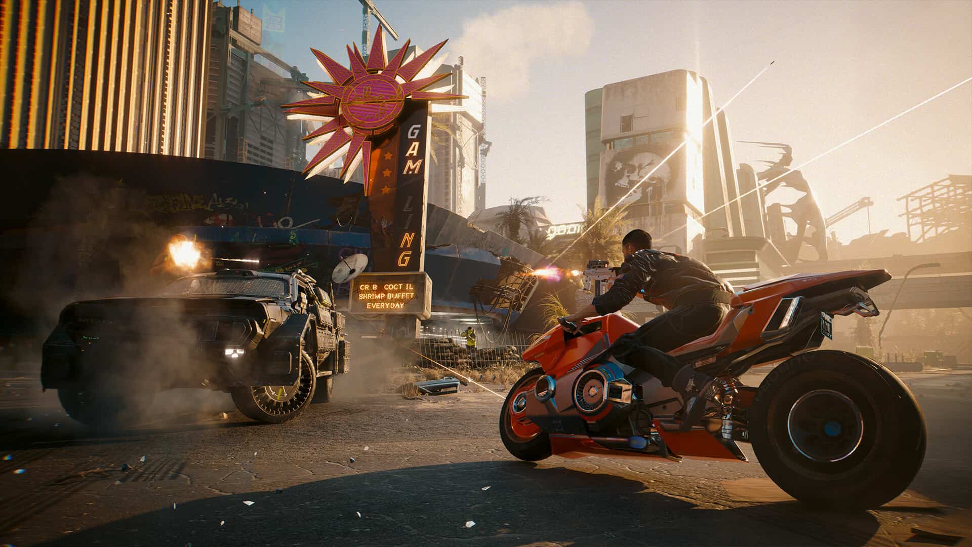 A man riding a futuristic motorcycle on a city street in the Cyberpunk 2077 sequel.