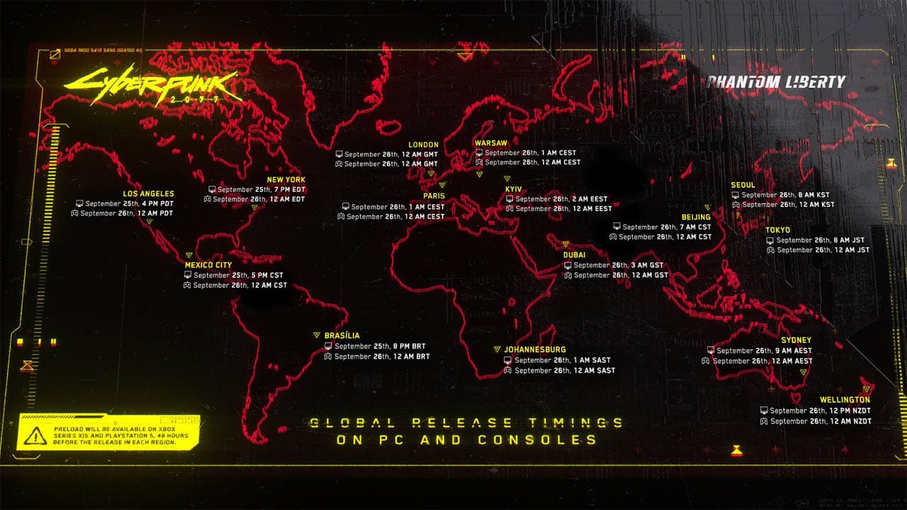A cyberpunk-themed poster featuring a world map with a countdown to Cyberpunk 2077 Phantom Liberty start time.
