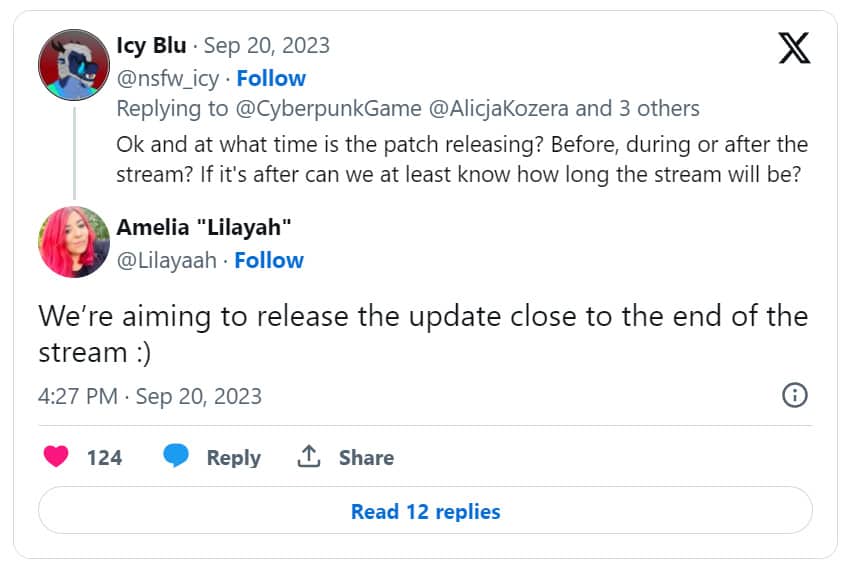 A tweet announcing the release of Cyberpunk 2077 update 2 ahead of the stream.