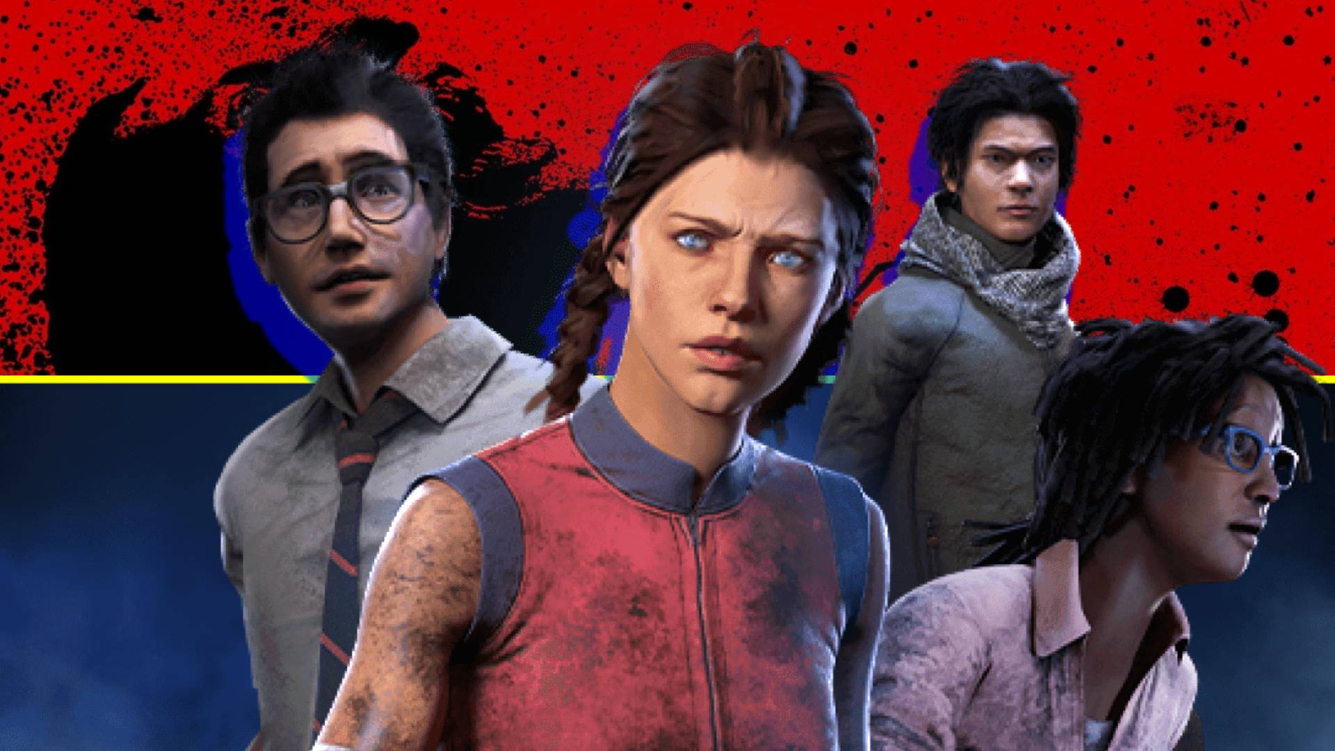 Dead by Daylight survivors on a violent background