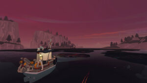a boat sailing in the ocean towards red sky in dredge the iron rig