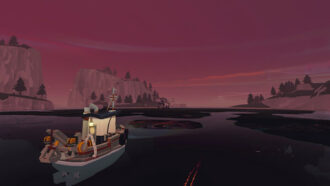 a boat sailing in the ocean towards red sky in dredge the iron rig