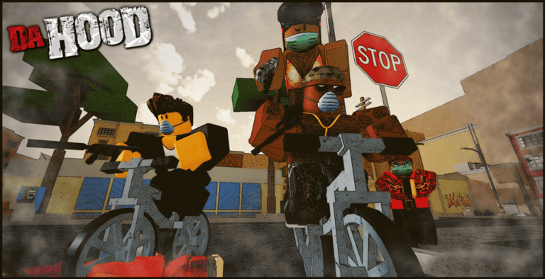 Da Hood carry: blocky characters on bikes with face masks on.