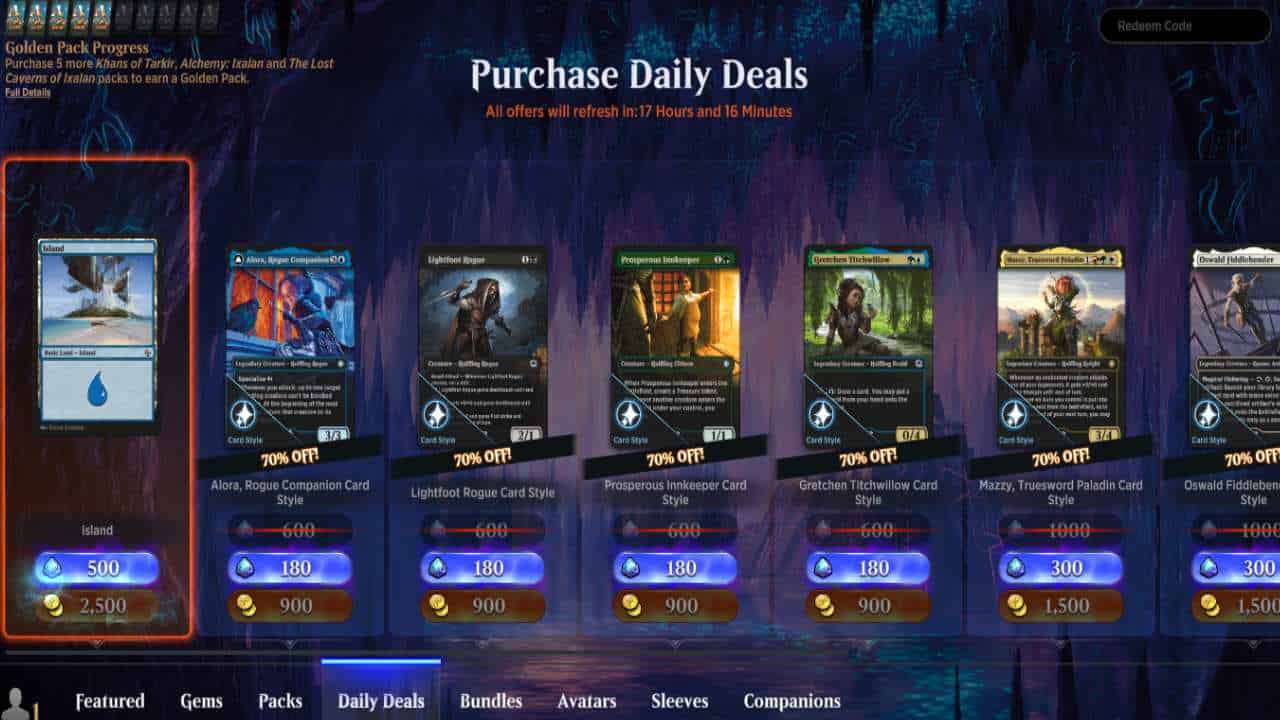A screen shot showcasing the purchase daily decks screen, highlighting the best ways to get gold.