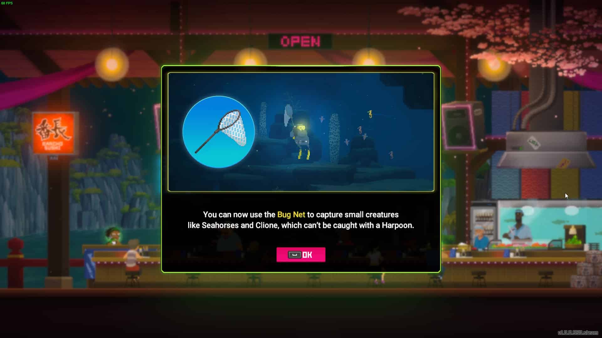 How to catch a seahorse in Dave the Diver: bug net unlock screen after completing Reticent Girl mission.