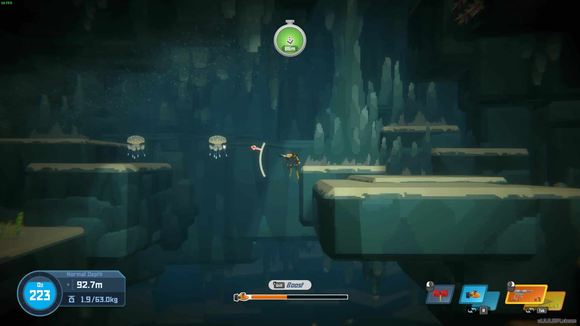 How to catch a jellyfish in Dave the Diver: Dave using Hush Dart on jellyfish.
