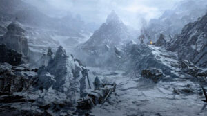 Diablo 4 how to solve Secret of the Springs quest: A landscape shot of the frigid Fractured Peaks moutains.