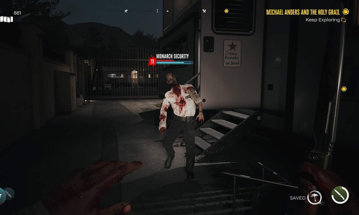 Monarch Security named zombie in Dead Island 2 advancing towards player.