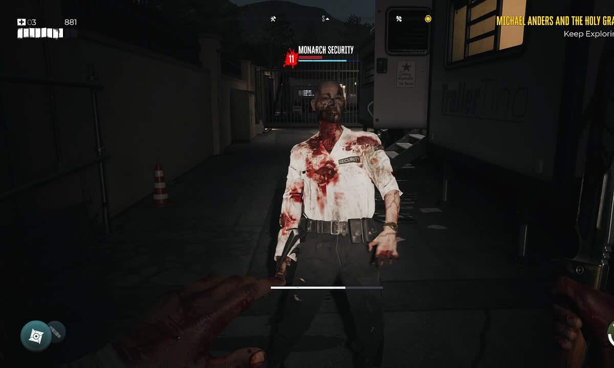 Monarch Security named zombie in Dead Island 2 advancing towards player.