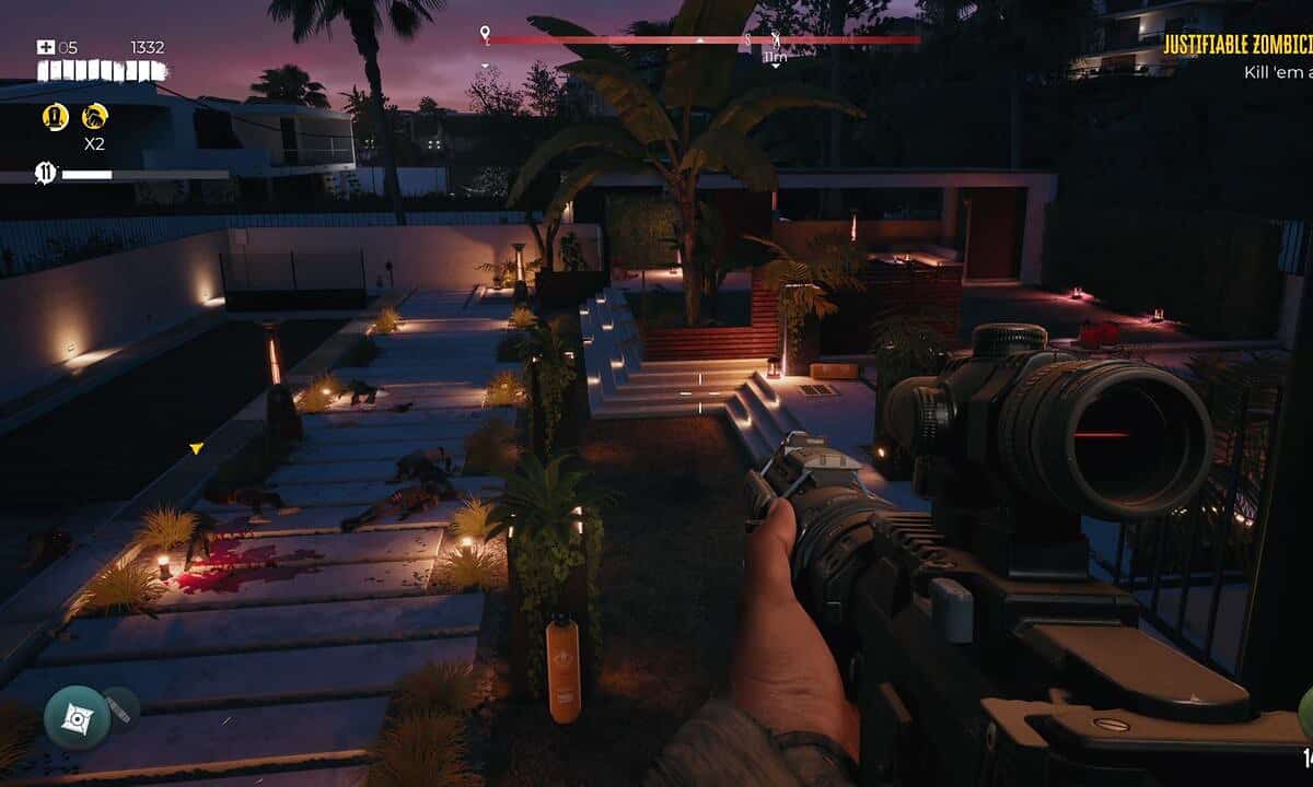 Dead Island 2 guns - slayer firing rifle at zombies from second floor of mansion.