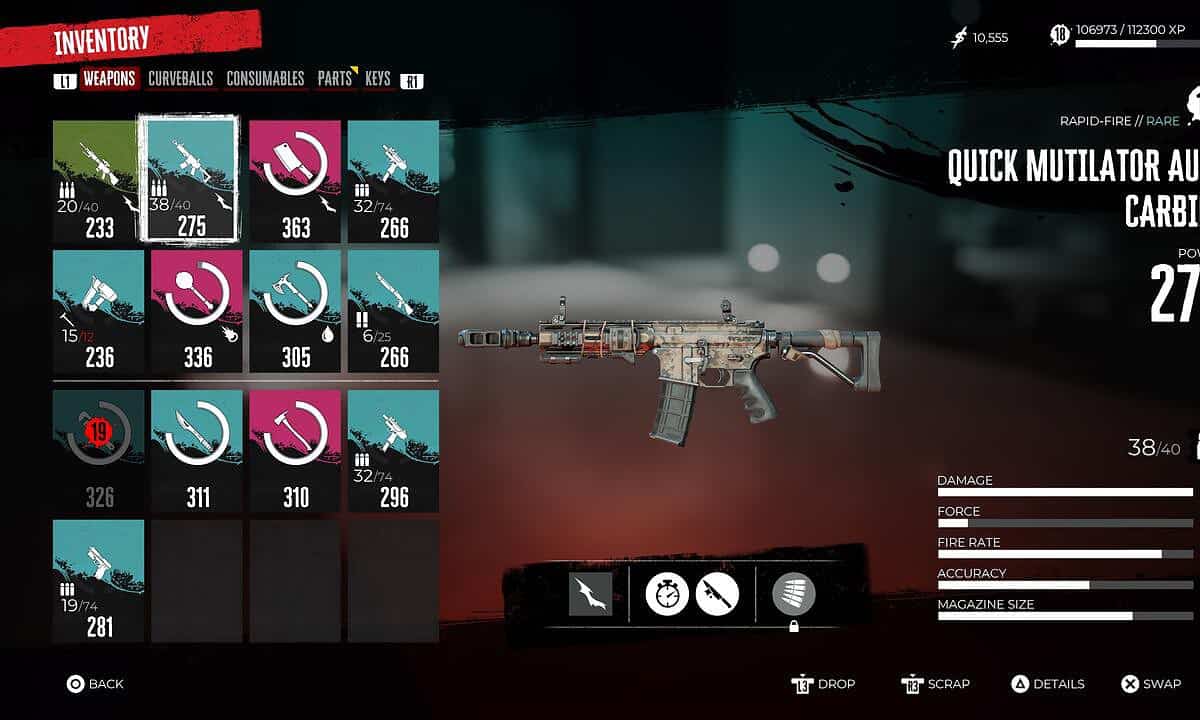 Dead Island 2 guns - Quick Mutilator Auto Carbine in weapon inventory menu.