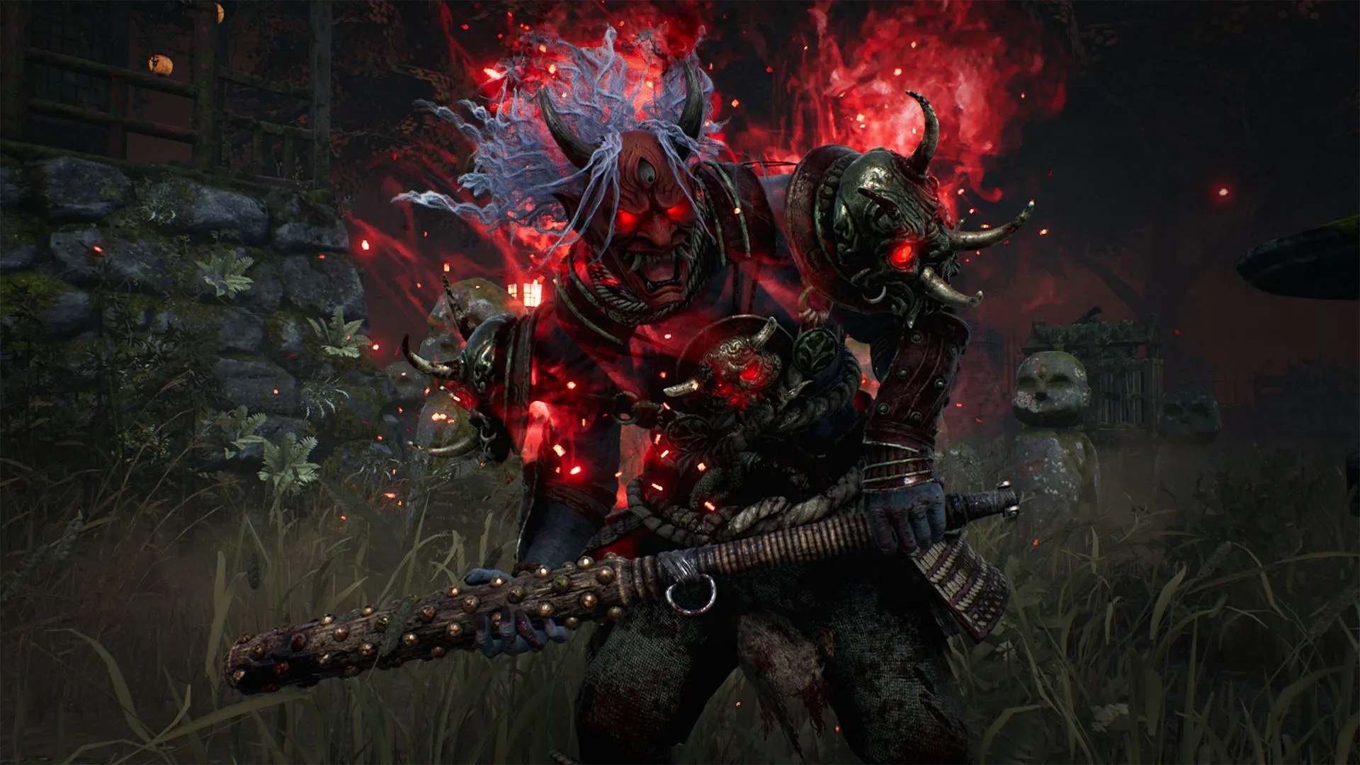 Dead by Daylight gameplay featuring Oni killer with glowing red aura hunting survivors in a haunted forest map.