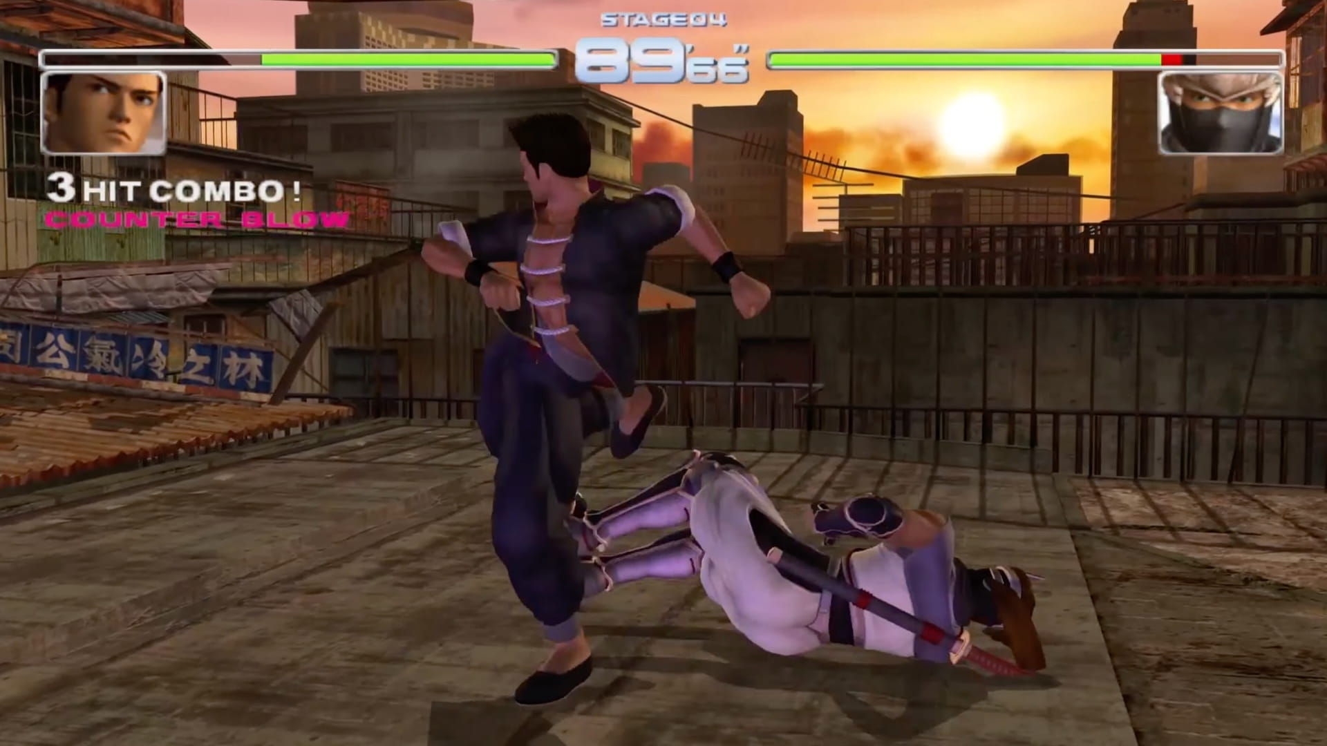 Video game Dead or Alive scene on a rooftop during sunset. Two characters are in combat: one standing, delivering a kick; the other on the ground