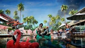 Dead Island 2 steam - Jacob on floatie in pool.