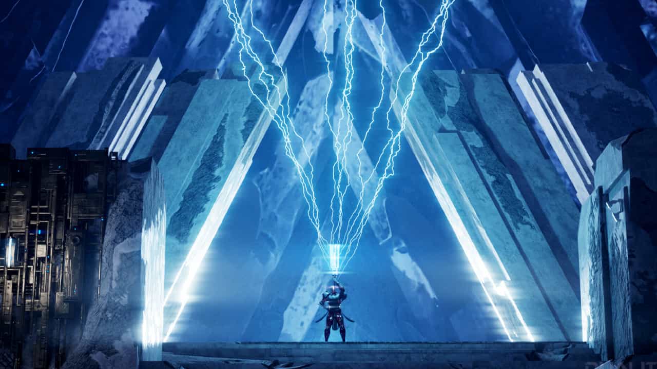 Destiny 2 best Titan build: Titan fires lightning up into the air in the Vault of Glass.