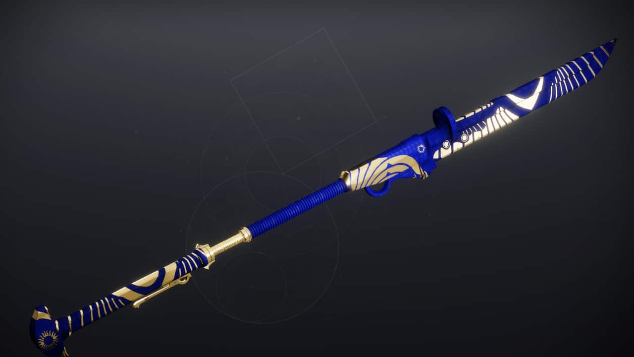 Destiny 2 Season 22 release date: The Unexpected Resurgence glaive from Trials of Osiris on display in-menu. It shines gold and cobalt blue.