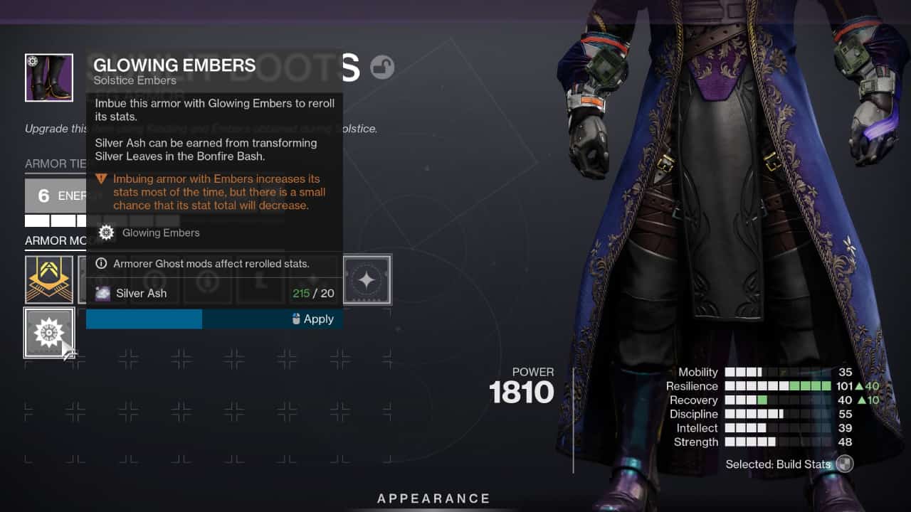 Destiny 2 Solstice 2023 end date: A warlock upgrades their Solstice leg armour with Silver Ash.