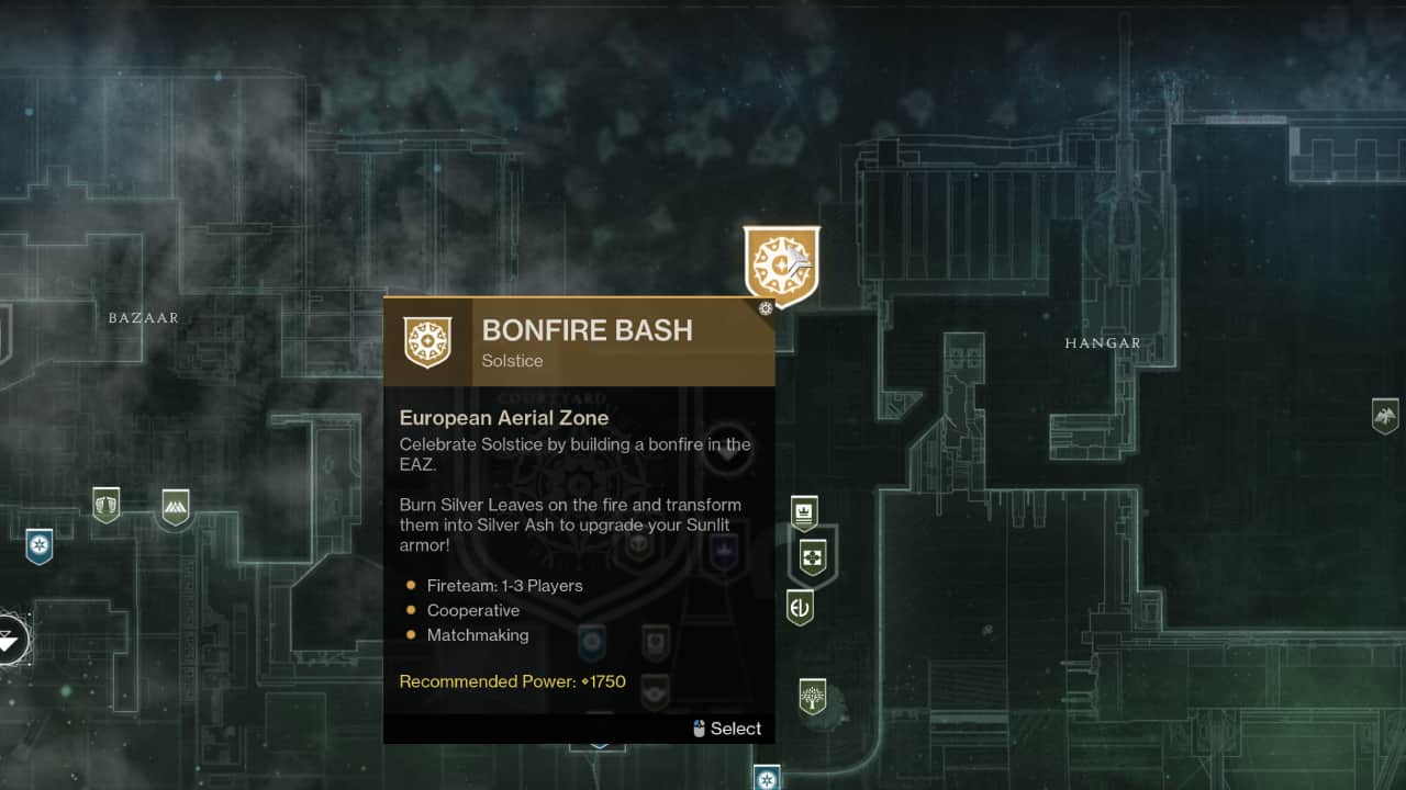 Destiny 2 Solstice Event Card challenges: The Tower map with the Bonfire Bash event highlighted.
