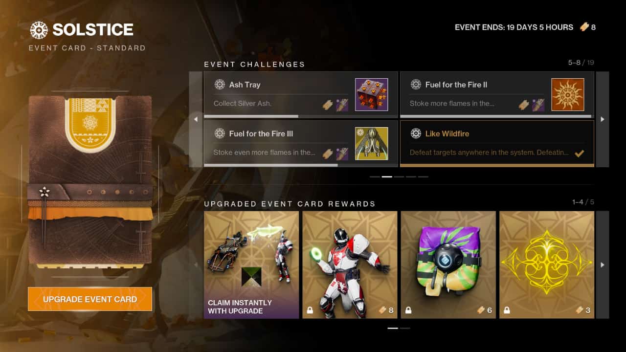 Destiny 2 Solstice Event Card challenges: The Solstice event card challenge menu.